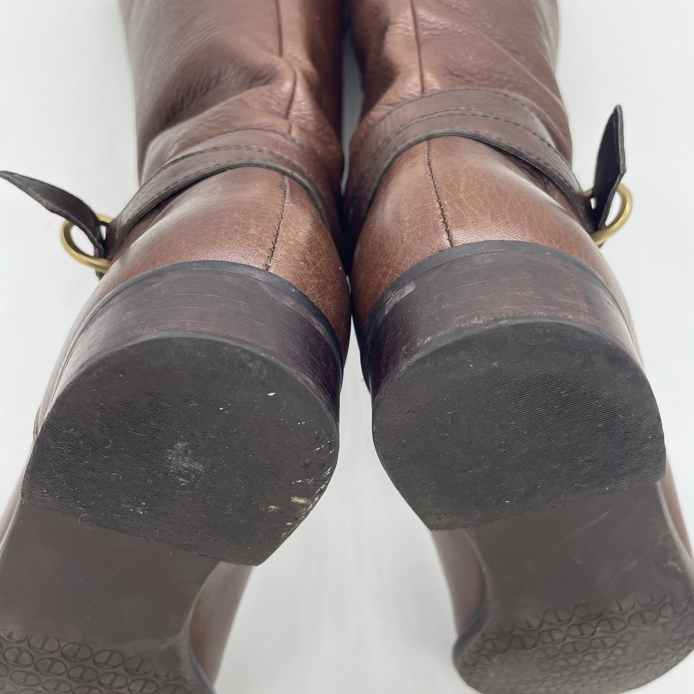 Talbots Womens 7AA Riding Boots Tall Brown Pebbled Leather Gold Buckle Full Zip - Picture 16 of 16